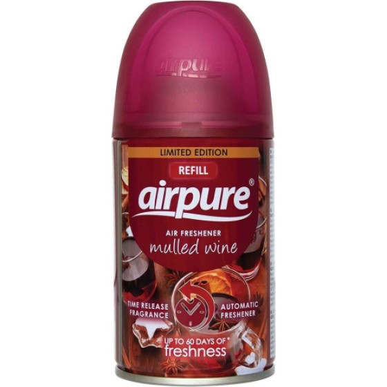 6 bottles of AIRPURE Air-O-Matic air freshener refill pack, 250ml each, mulled wine scent.